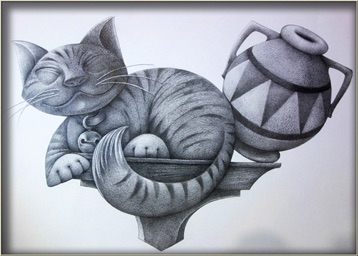Cat and Vase Graphite Drawing For Wood Carving 1
